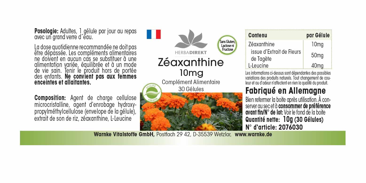 Zeaxantina 10mg - Ottenuto da 50mg d’estratto dai fiori di calendula - 30 capsule - Vegan | HERBADIREKT by Warnke Vitalstoffe - Qualità da farmacia tedesca