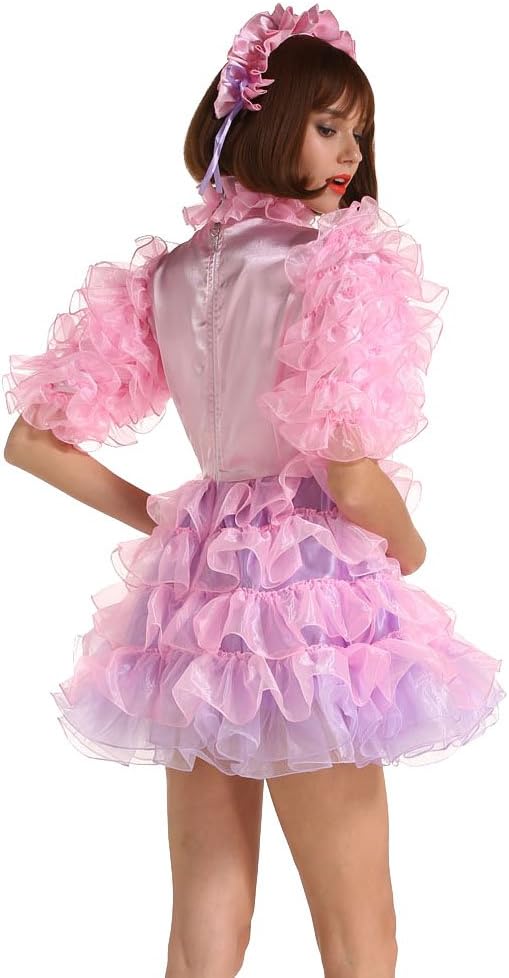 Women Sissy Maid Half Sleeve Lockable Puffy Pink Dress Uniform Crossdress - Image 7