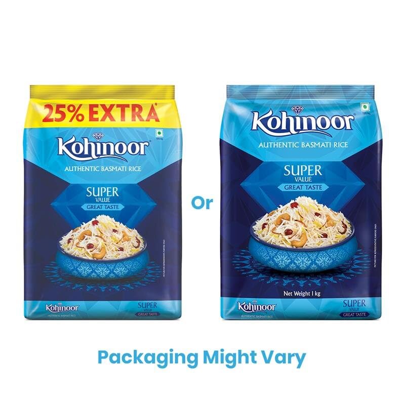 Image of Kohinoor Super Value Basmati Rice, 1.25 Kg (25% Extra)| Authentic Long-Grain Basmati Rice (Up to 20 mm) | Aromatic, Flavorful I Ideal for Pulao & Plain Rice