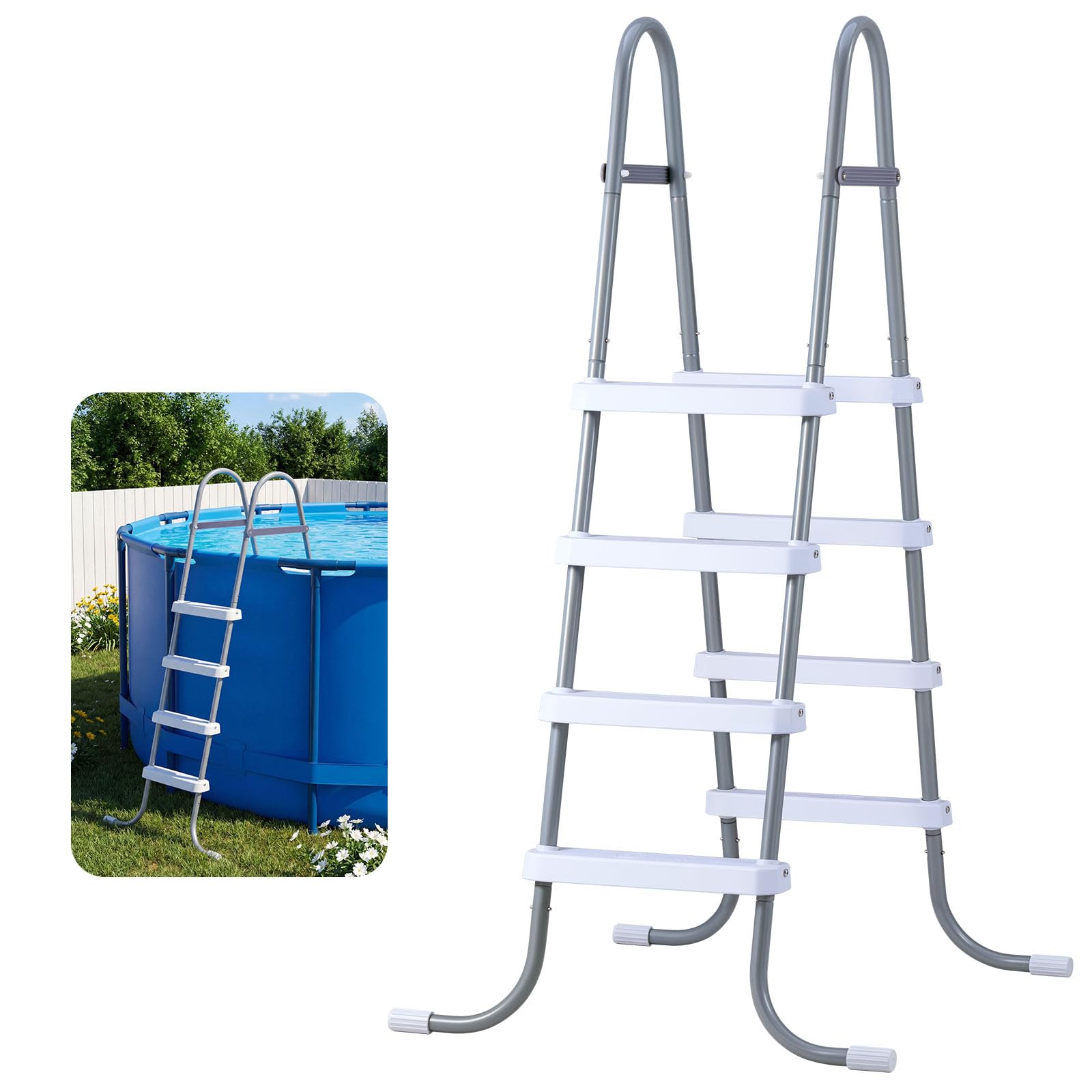 VEVOR Échelle de Piscine Hors Sol 122 cm Acier Carbone 4 Marches PP Antidérapantes Capacité Charge 136 kg Gris Blanc