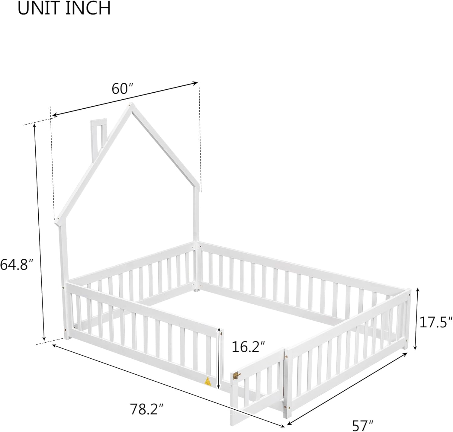 Wooden Toddler Floor Bed Frame,Full Size Montessori Bed Frame with Fence and Gate Door for Toddlers 1-3 Kids Girls Boys,House-Shaped Headboard (White, Full)