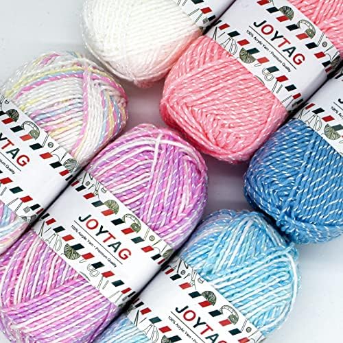 6 Pack Crochet Knitting Acrylic Yarn Sparkle Metallic Glitter Soft Baby Yarn for Crocheting and Knitting White Pink Blue Variegated Sparkle Worsted Baby Party Yarn Solids Ombres(300G)