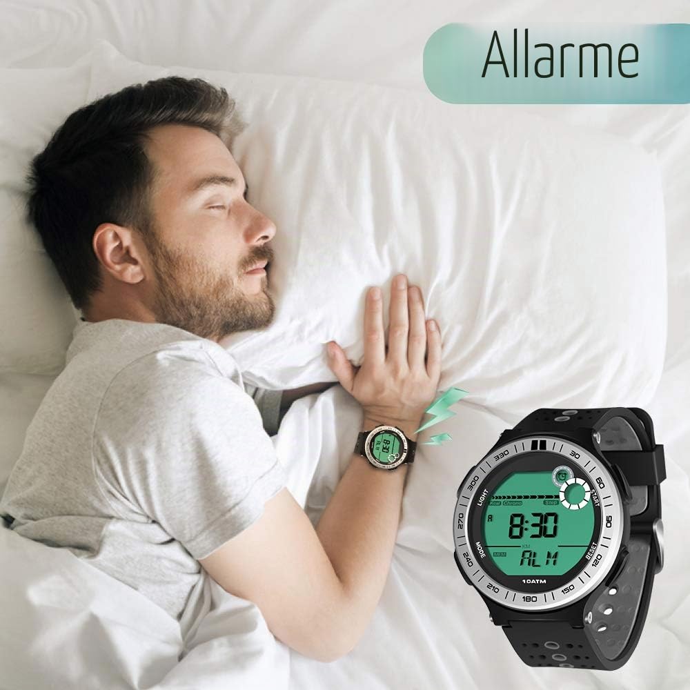 10 ATM Impermeabile Orologio da polso Sportivo Pedometro per Uomini Ragazzi Orologio per Immersioni Subacquee con Funzione Lap Cronometro e Sveglia, Formato 12/24 Ore Selezionabile