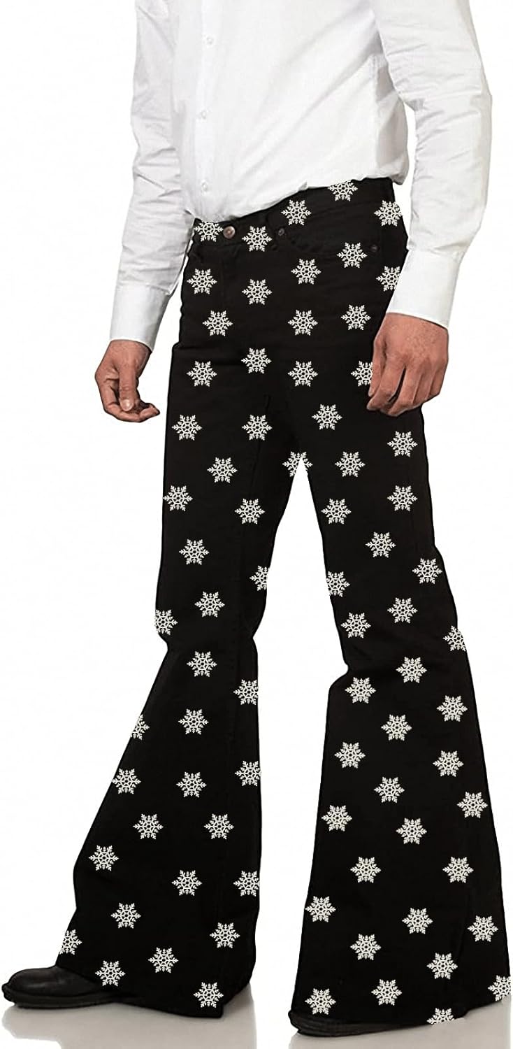 Men's Relaxed Vintage Snowflake 60s 70s Bell Bottom Stretch Fit Classic Flared Flares Retro Disco Denim Jeans Pants - Image 3