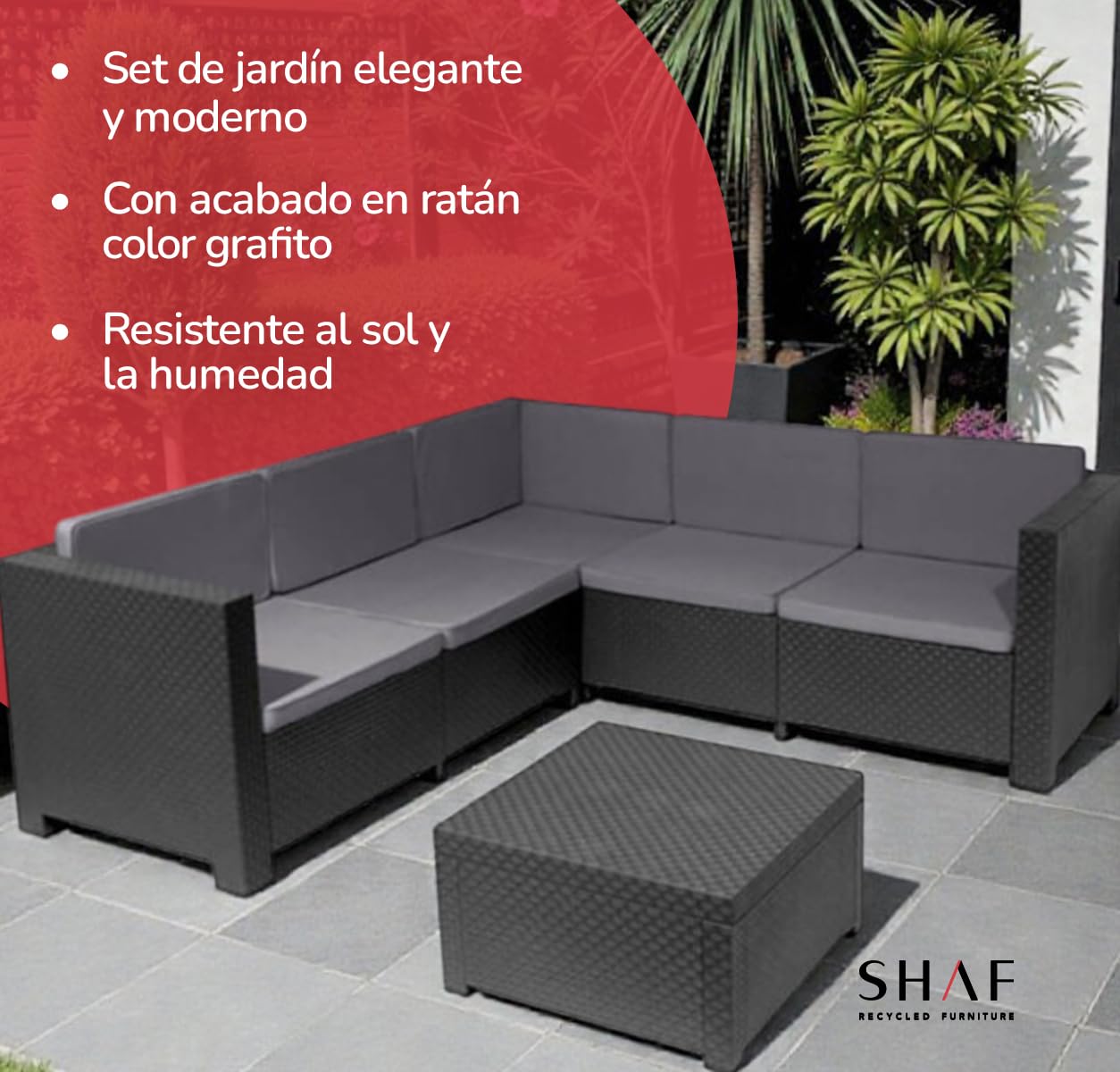 SP Berner - Set de Muebles de Jardín y Terraza Oasis Color Grafito - Tres Piezas - Sofá Canapé 3 y 2 Plazas y Mesa de Centro con Almacenaje - Fabricado en España con Plástico Reciclado