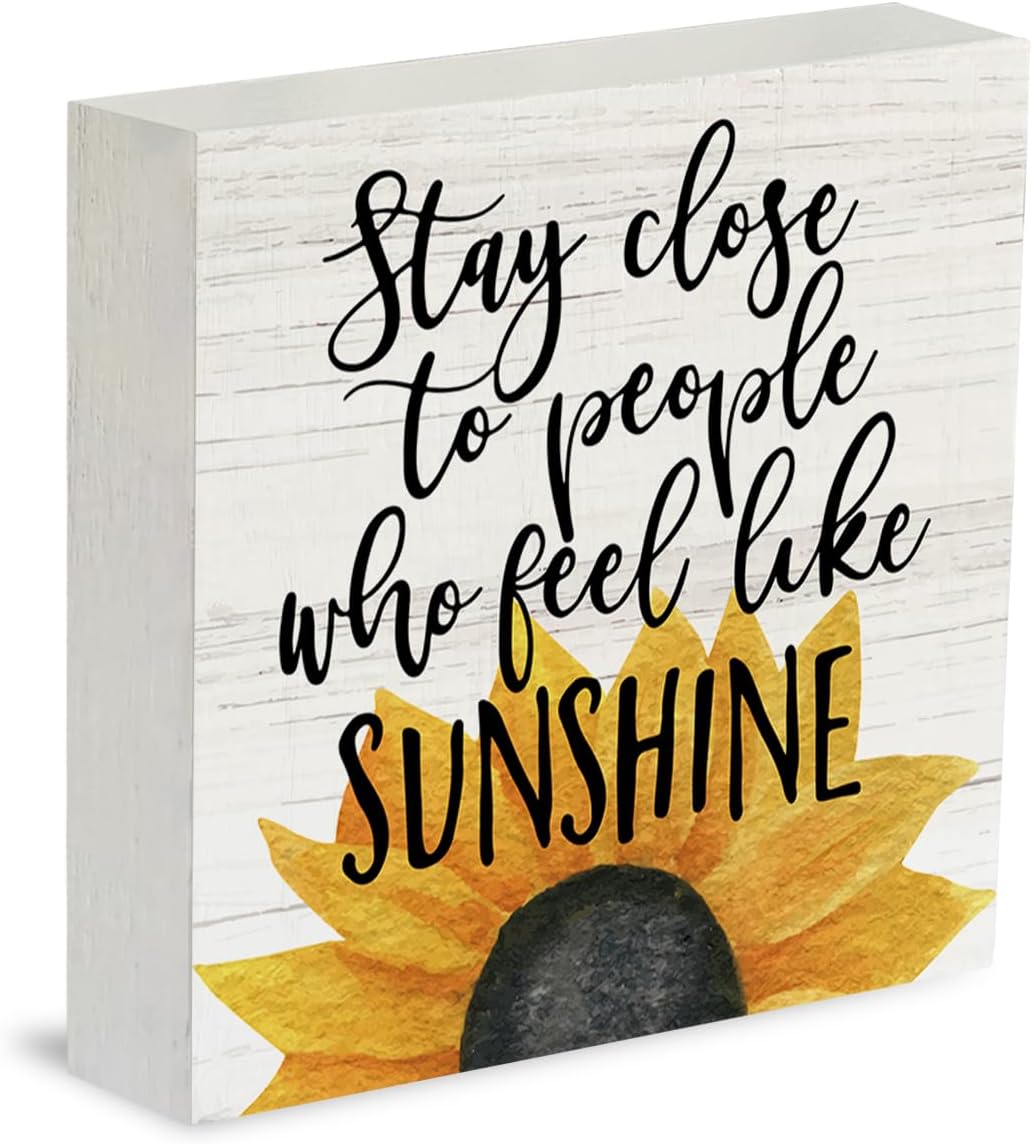 Farmhouse Sunshine Sunflower Wooden Box Sign Rustic Country Sunflower Box Sign Wood Sign Decor Summer Square Wood Sign Home Desk Tabletop Shelf Decor 5 x 5