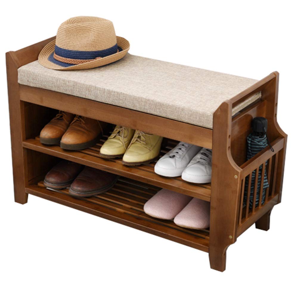 Banc de rangement à chaussures en bois massif avec assise capitonnée