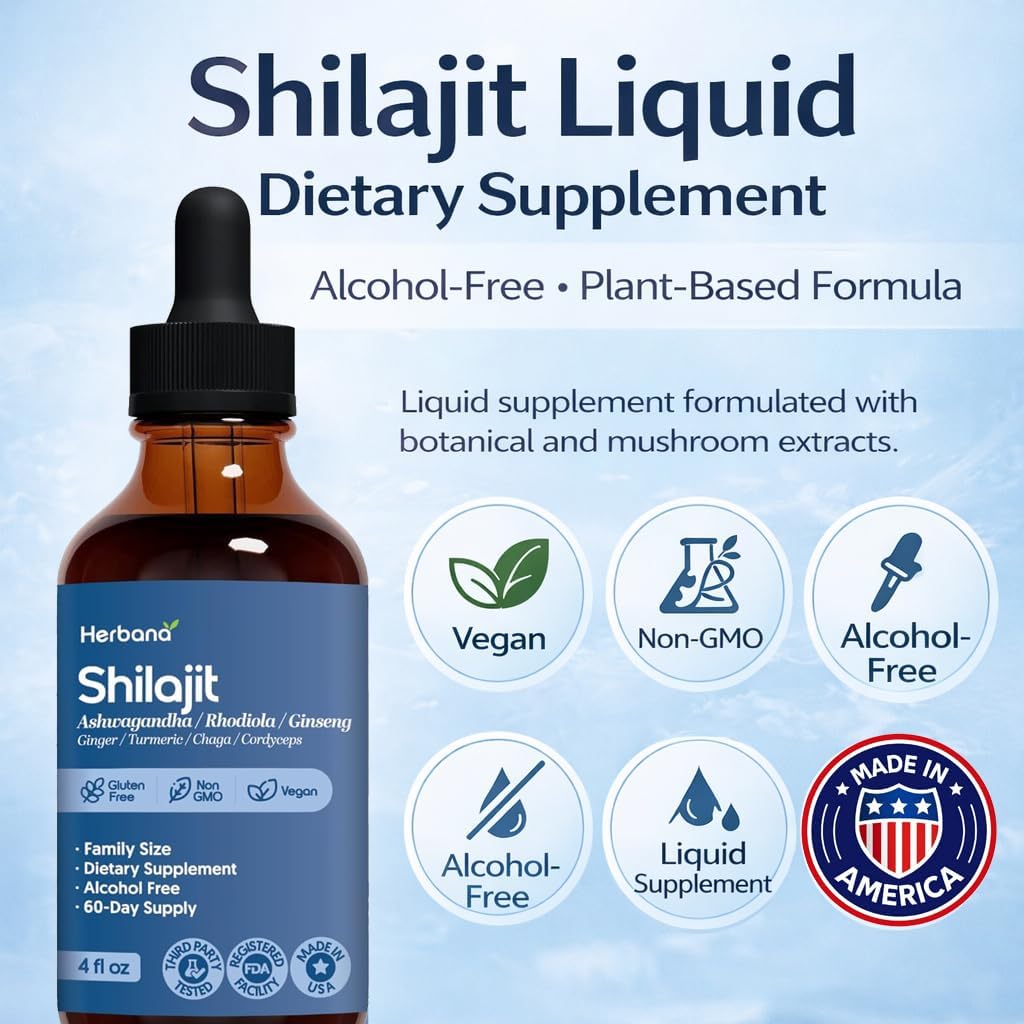 Herbana Shilajit Dietary Supplement with Ashwagandha, Rhodiola, Ginseng, Ginger, Turmeric, Chaga, Cordyceps, Alcohol Free, Vegan, Gluten Free, Non GMO, 4 fl oz, 60-Day Supply