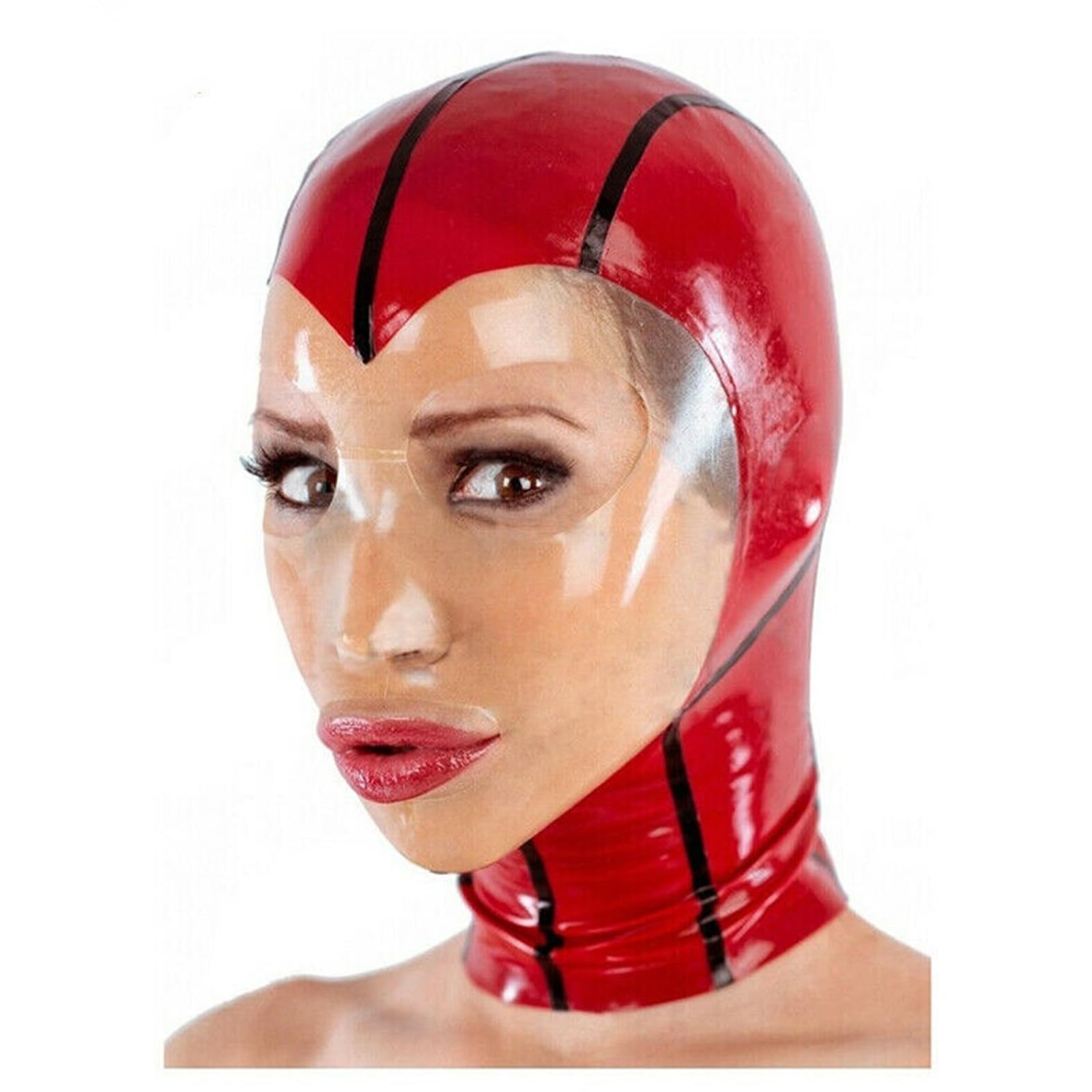 DSPENGS Latex Hood Rubber Big Eyes Hood Transparent Red with Back Zipper Unisex for Cosplay BDSM Costume Headdress(Size:M-65CM)