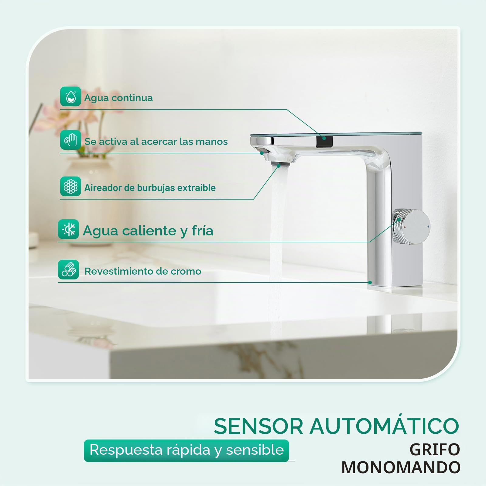 CREA Grifo Baño con Sensor Automático, Grifo Lavabo con Automático Infrarrojo, Grifo Mezclador Sensor, Moderno Grifo Baño Lavabo Automático, Grifo Monomando Inteligente, Cromo