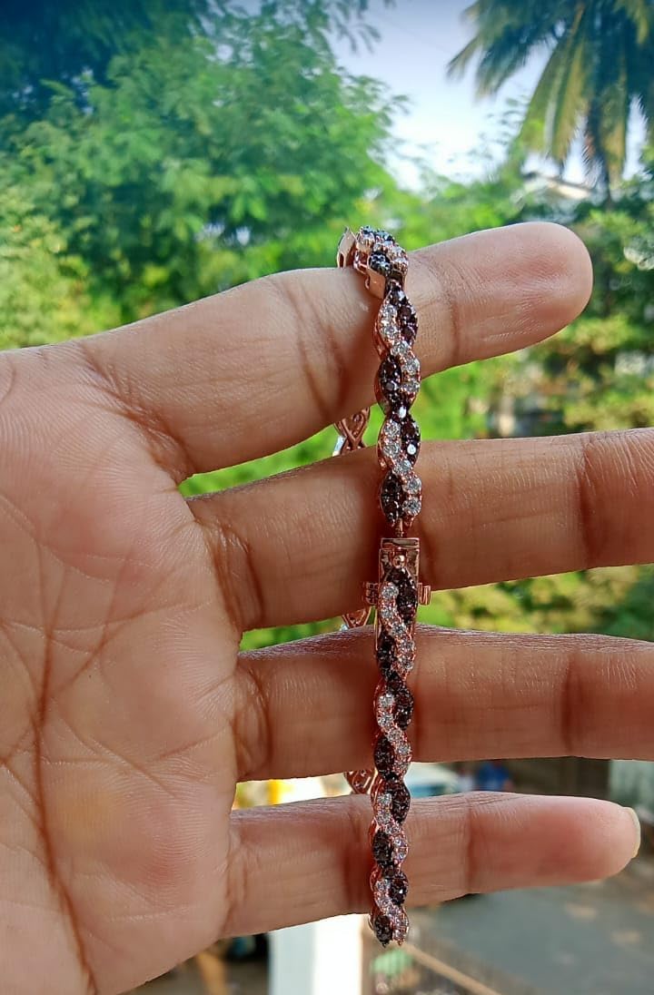 12 Carat Round Shape Simulated Brown and White Diamond Intertwined Wedding Engagement Tennis Bracelet In 14K Rose Gold Plated