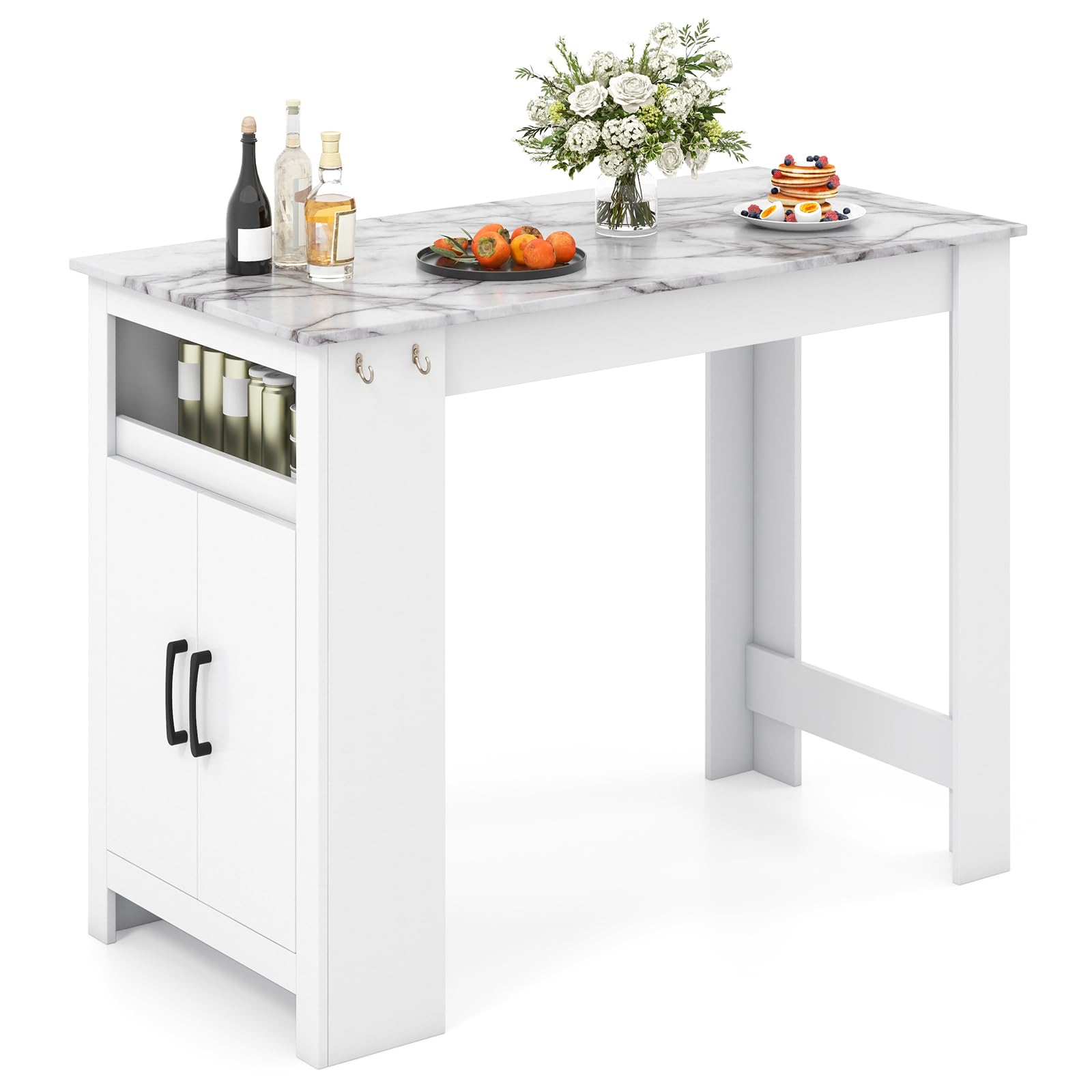COSTWAY Bar Table, Modern Faux Marble Breakfast Table with 7 Hanging Hooks, Open Compartment, Storage Cabinet & Adjustable Shelf, Counter Height Dining Table for Kitchen, Dining Room, Living Room