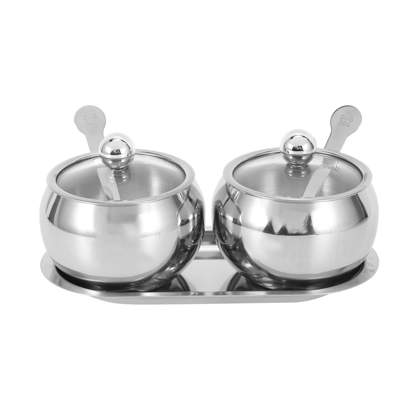 Sucrier avec Couvercle Et Cuillère, 2 Pots À Épices Bol À Sel en Acier Inoxydable Set Pots À Condiments,Argent
