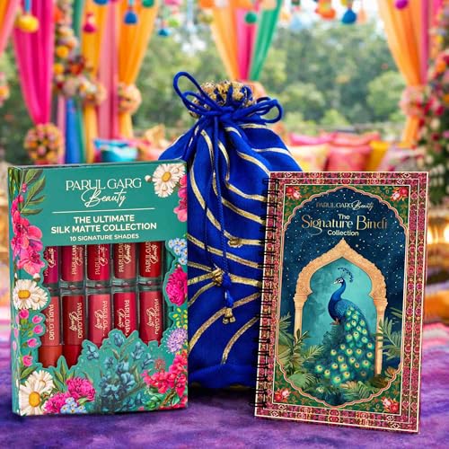 Image of Parul Garg Beauty All-Time Favourites Gift Pack | Bindi Book, 10 Mini Lipstick Pack & Blue Potli | Luxury Beauty Gift Set for Women | Ideal for Bridal, Festive & Everyday Glam Looks