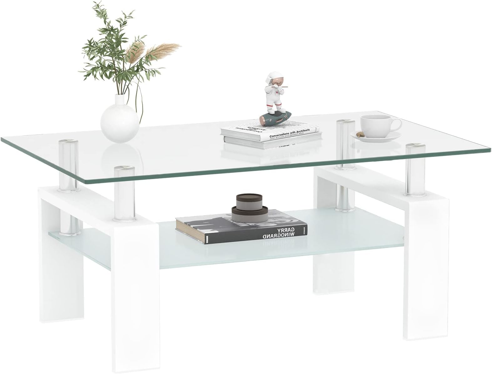 Mecor Modern Glossy White Coffee Table W/LED Lighting, 2 Tier Rectangle Design