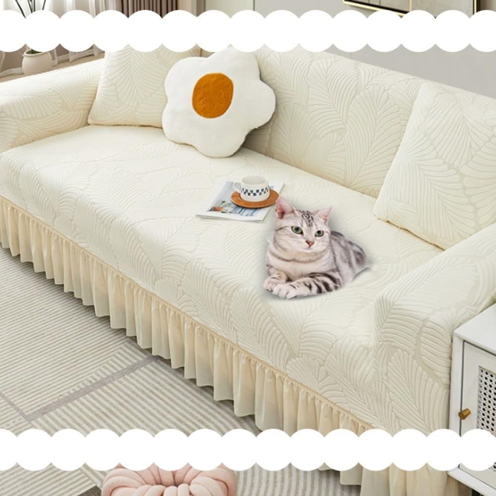 Universelle Housses De Canapé 1 2 3 4 Places Housse Canape Jacquard Housse De Protection pour Canapé Sectionnel Slipcovers, Couvre Canapé pour Chat Chien, avec Volant(Beige,145-185cm 2 Seat)