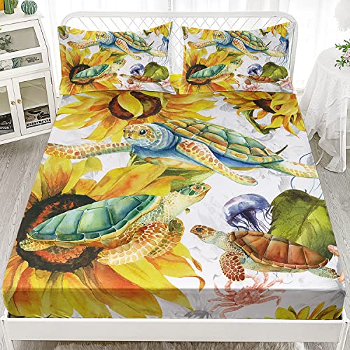 Sea Turtle Printed Fitted Sheet Set Queen 3Pcs for Kid Boy Girl Teen Adult
