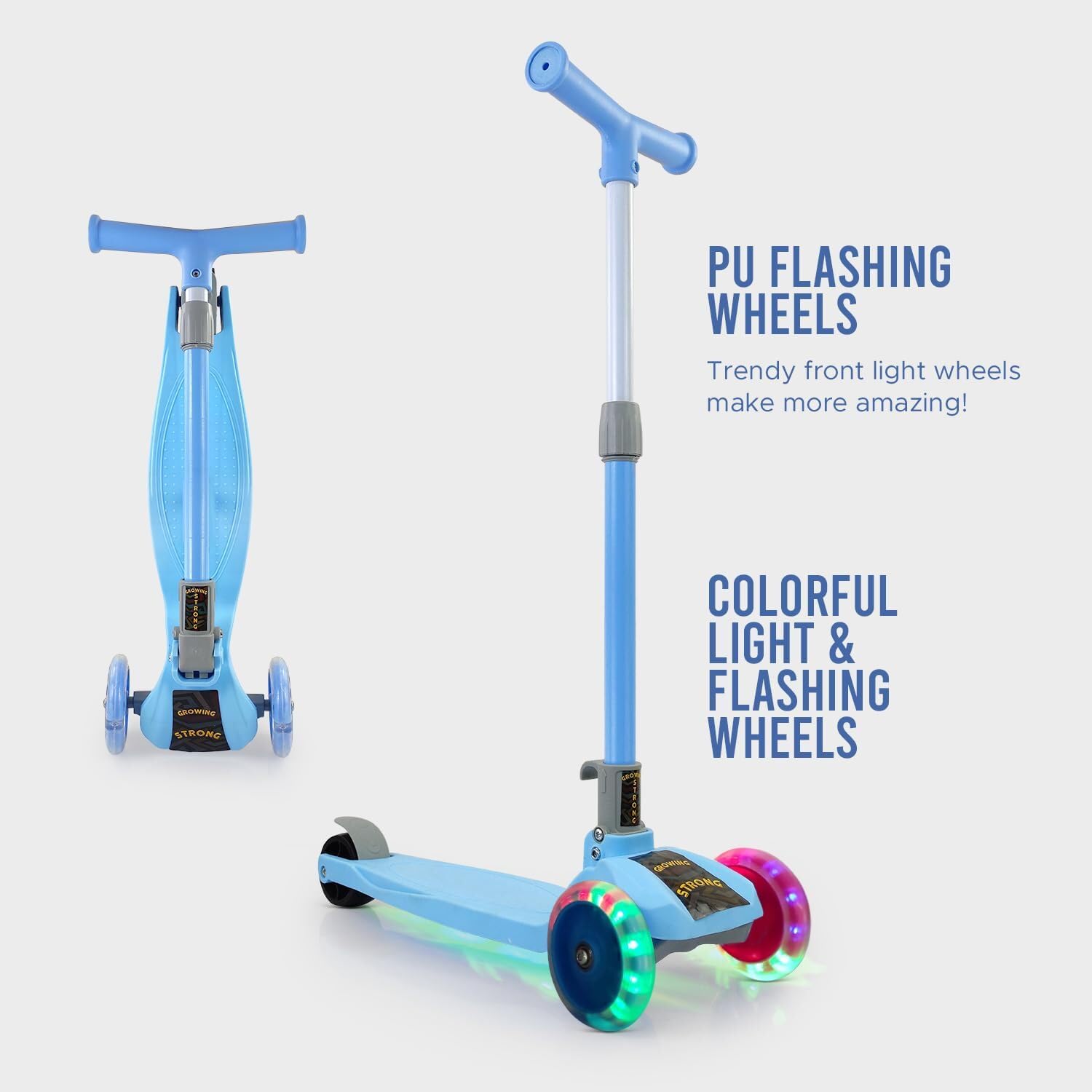 Monopattino per bambini 3+ anni con luci LED lampeggianti – regolabile in altezza, pieghevole e stabile, ruote luminose | FLASHRIDE