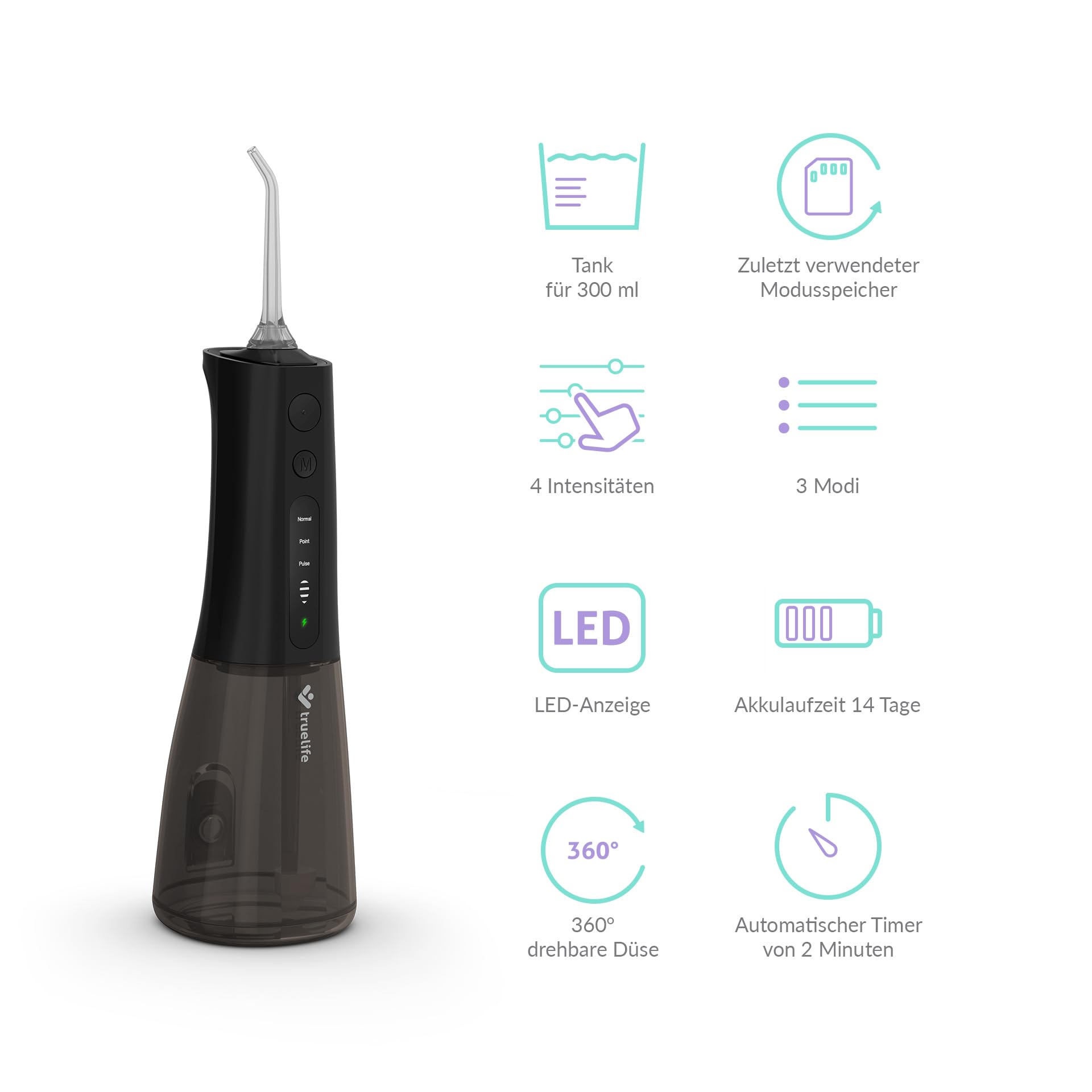 TrueLife AquaFloss Compact L100 Munddusche kabellos, tragbar, 300ml Tank, 3 Modi, 2 Druckstufen, IPX7, USB, 6 Düsen im Paket Zahnzwischenraum-Reinigung, Zahnspange/Implantate (Schwarz)