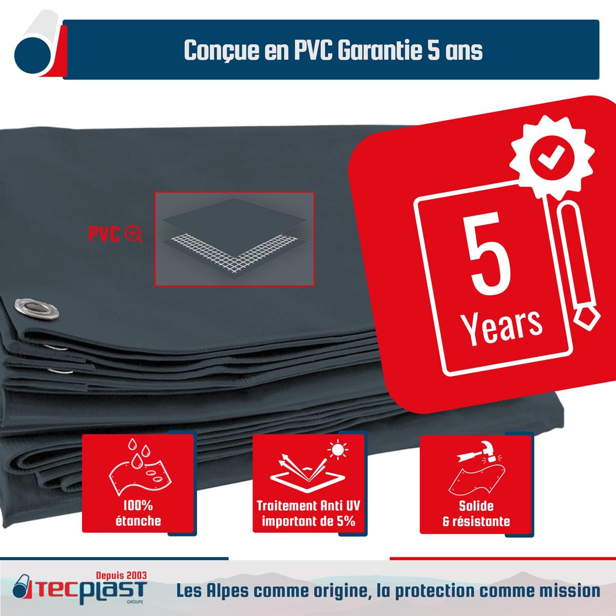 TECPLAST Bâche PVC 2x3 m Gris Anthracite - Garantie 5 Ans - LP506MU - Bâche de Protection étanche - Résistance Anti-UV