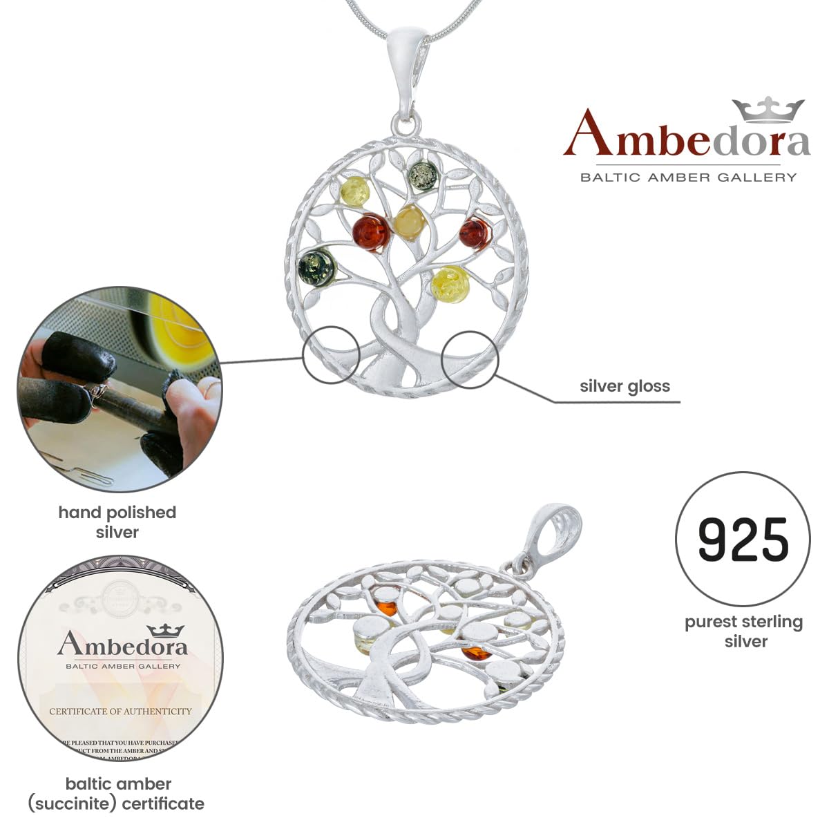 Collar grande de plata para mujer, modelo 06, con ámbar pulido, ámbar báltico, colgante de plata en cadena