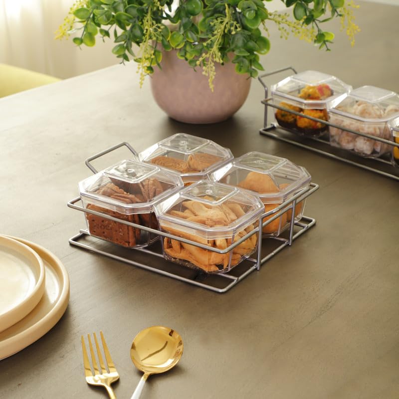 appeasy Nut and Candy Serving Tray, Divided Snack Serving Bowls, Plastic Compartment Appetizer Food Display Dish Platter with Lid-(Silver/4 Plastic Bowl/Metal Frame Tray)