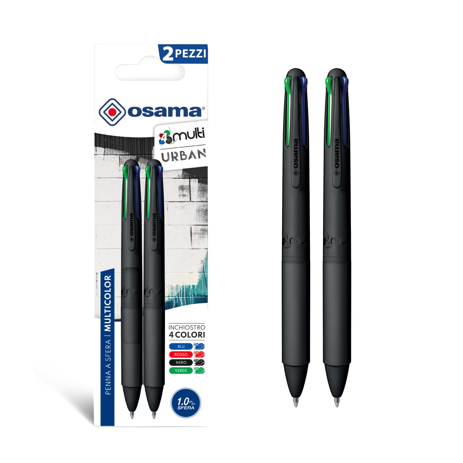 Osama, 4 Multi - Bolis Negros de Colores 2 Piezas, Punta 1.0 mm con Tinta Negra, Azul, Roja y Verde, 4 Colores para Material Escolar, Papeleria y Oficina