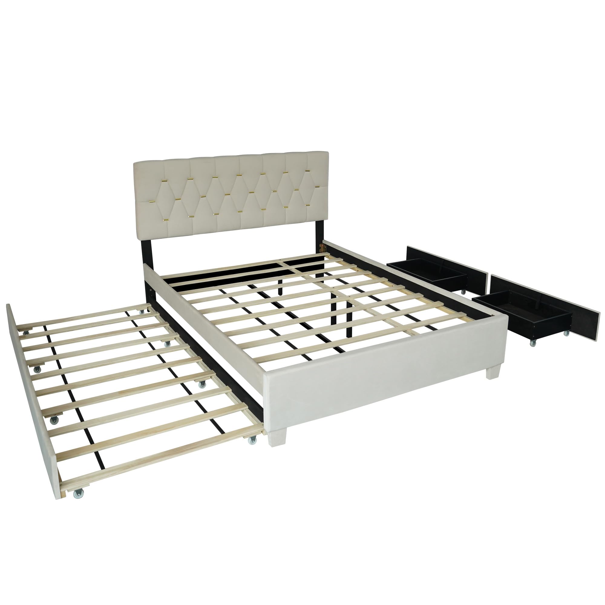 Upholstered Queen Size Platform Bed with Trundle and Drawer for Kids Teens Adults Bedroom,Velvet Fabric Bed Frame w/Wood Slats/Save Space for Boy Girl,No Spring Box Required, Beige