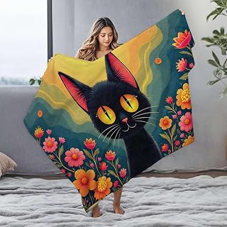 Manta grande de franela con diseño de gato negro en un colorido jardín para sofá, calentador de toallas (125 x 150 cm)