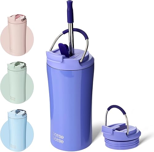 Miniatura 4 de BOTTLE BOTTLE Vasos de café aislados con tapa de doble uso y pajita, taza de café de viaje con doble pared para mujer y hombre, vaso de acero