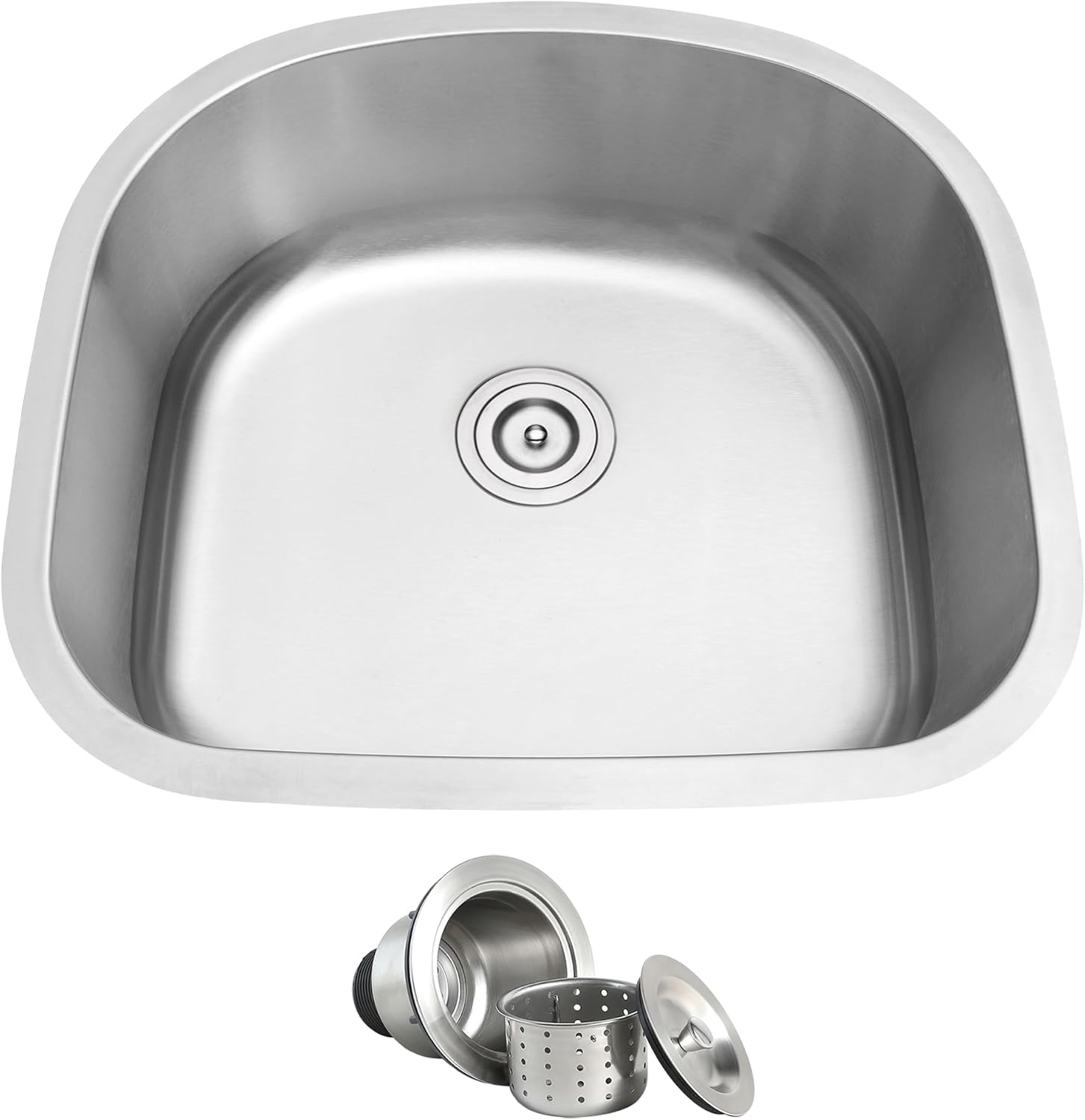 23 Inch Undermount Kitchen Sink 18 Gauge Stainless Steel D Shape Single Bowl Curved Sink with Strainer 23" x 21" x 9"