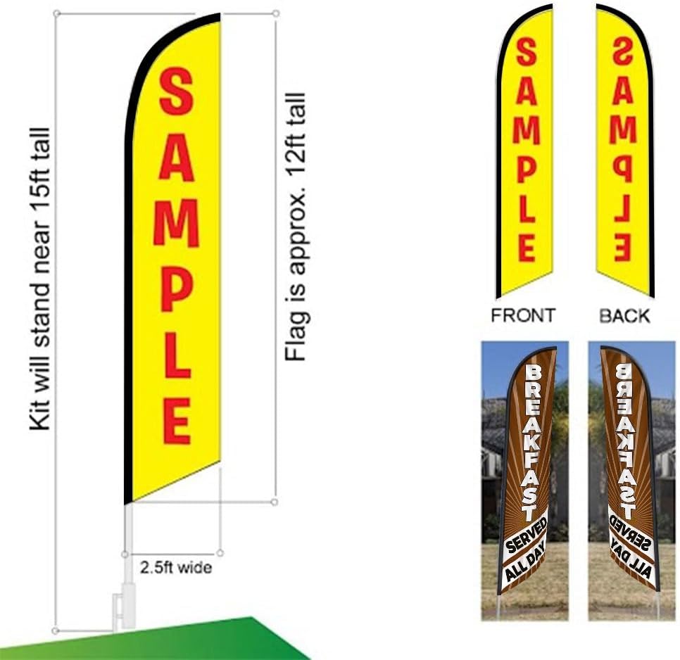 Breakfast Served All Day (Brown/White) Swooper Feather Flag for Restaurant or Cafe Advertising Sign Feather Flag Banner with Complete Pole Kit and Ground Stake