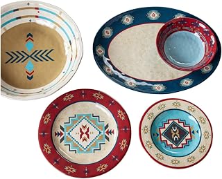 Spirit Valley 14 Piece Melamine Plastic Dinnerware Set with Plates, Bowls and Serving Platter, Southwestern Rustic Cabin Lodge Aztec Style