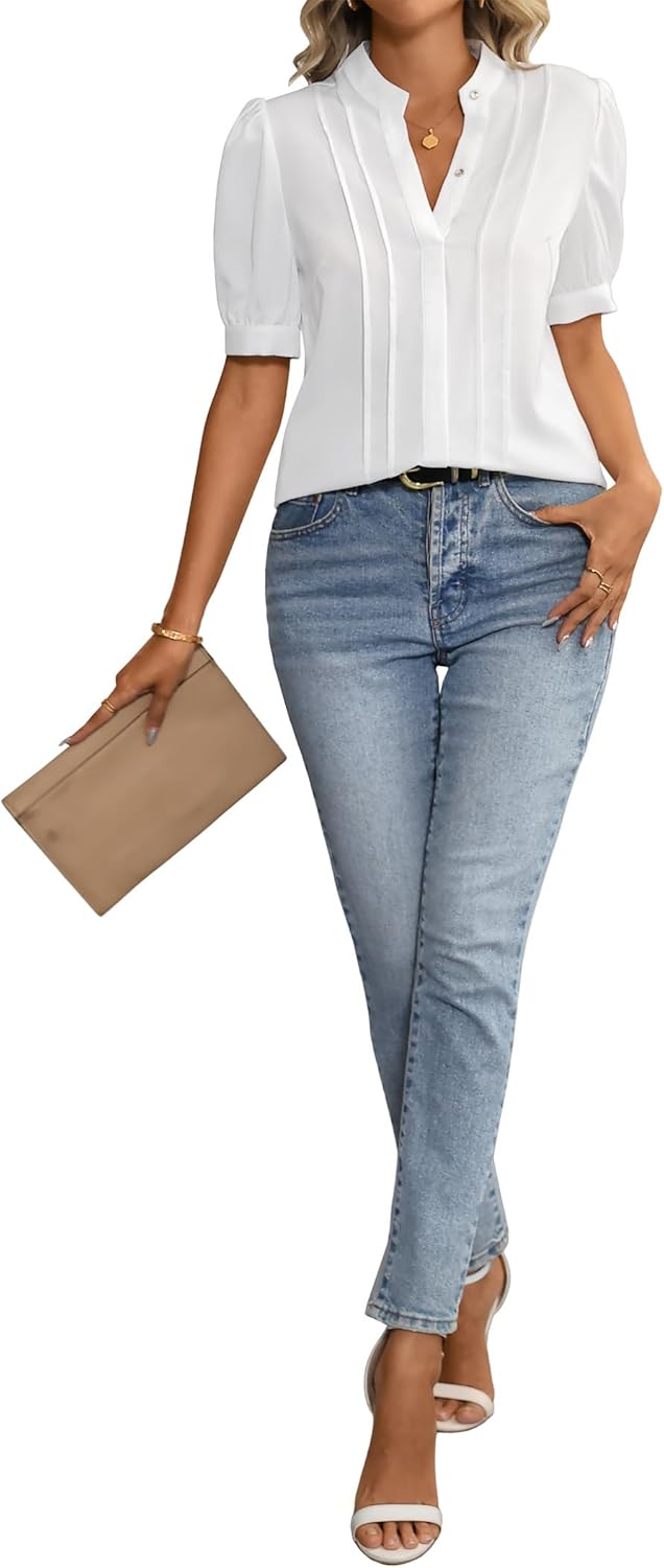 SOFIA'S CHOICE Women's Pleated V Neck Puff Short Sleeve Blouse Business Casual Work Tops - Image 5