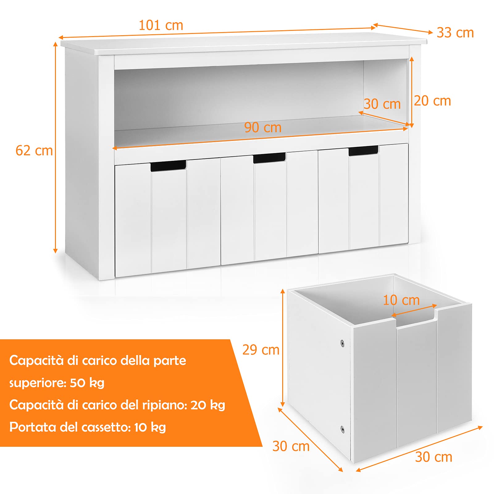 COSTWAY Armadio con 3 Cassetti, Scaffale di Legno con Ruote e Cubi per Giocattoli dei Bambini, Ampio Spazio, Organizer Durevole per Salone Camera da letto Camera dei bambini (Bianco)
