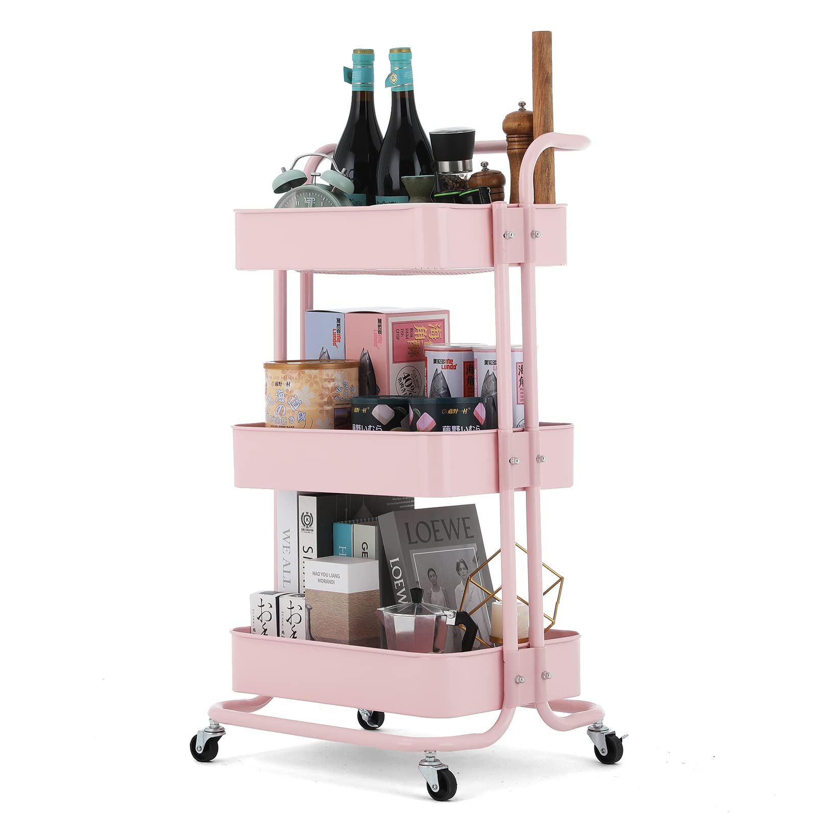 Photo 1 of 3 Tier Utility Rolling Cart with Handle,Metal Rolling Organization Cart,Multifunctional Storage Cart with Lockable Wheels,Suitable for Office Living Room Bathroom Kitchen (Pink)