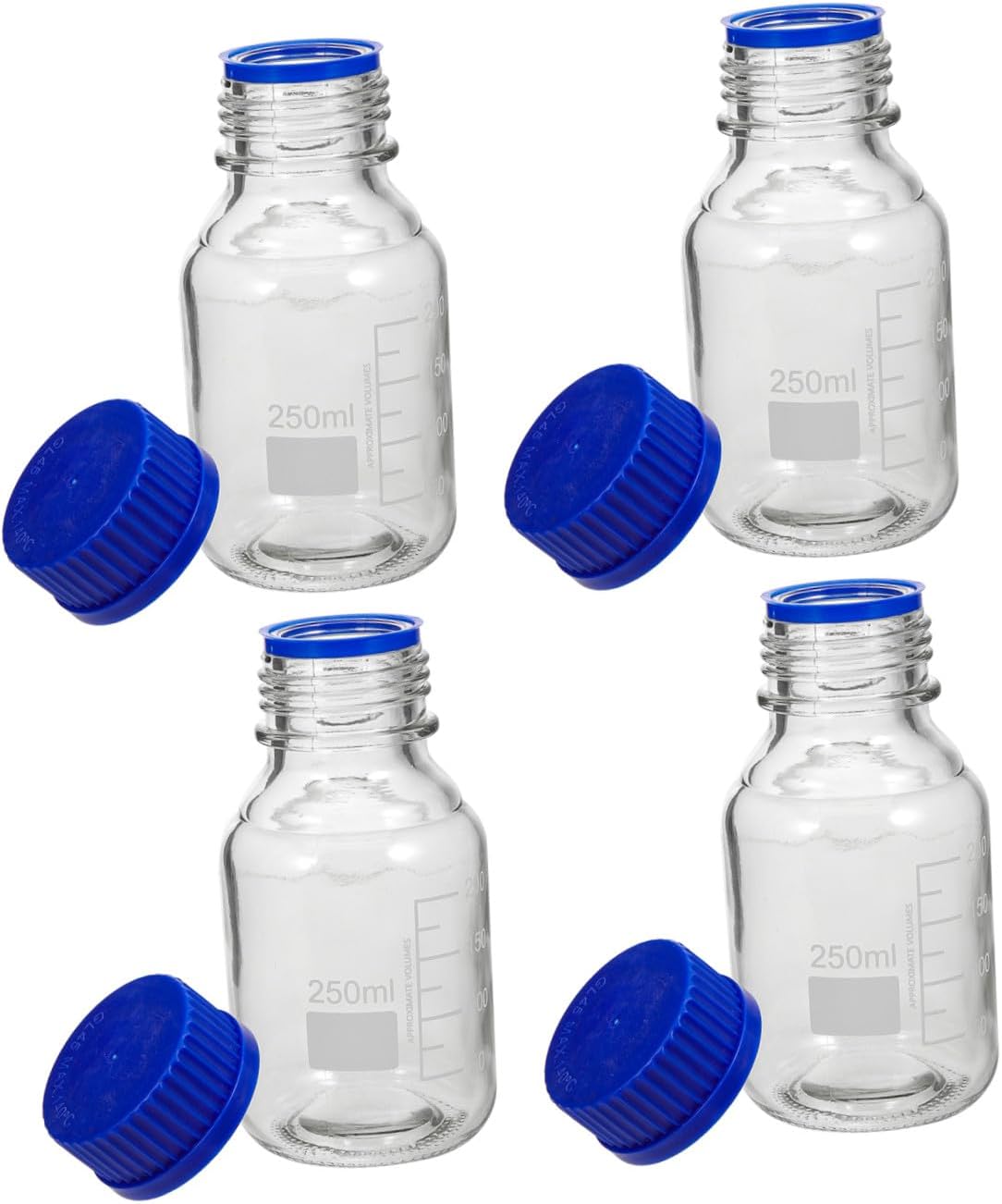 VOSAREA 4-Piece Graduated Glass Reagent Bottle Set with Blue Screw Caps Square Storage Bottles for Lab Use Sealed Liquid Medicine Containers