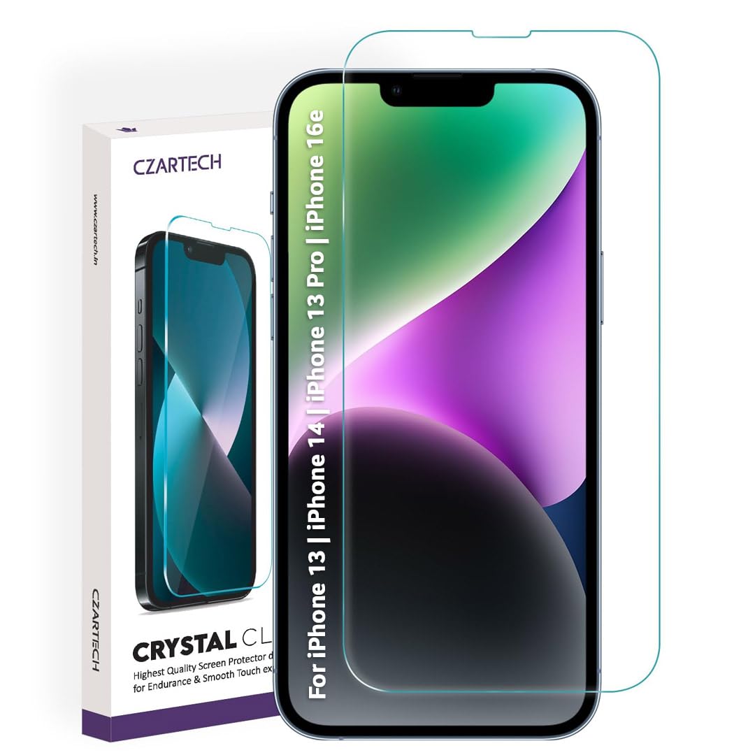 CZARTECH Tempered Glass for iPhone 13/14 / 13 Pro / 16e Screen Guard Protector with Easy Cleaning Kit (Pack of 1)