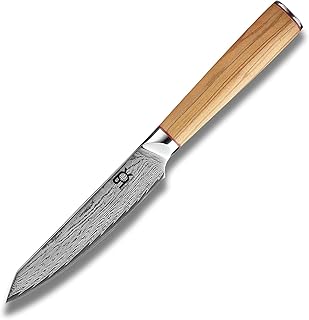 Utility nóż SOK OLIVE SUNSHINE - nóż kuchenny, nóż do mięsa i stal japońska VG-10 i 67 warstw stali damasceńskiej i uchwyt z zachodniego drewna oliwkowego, ostrze 115 mm