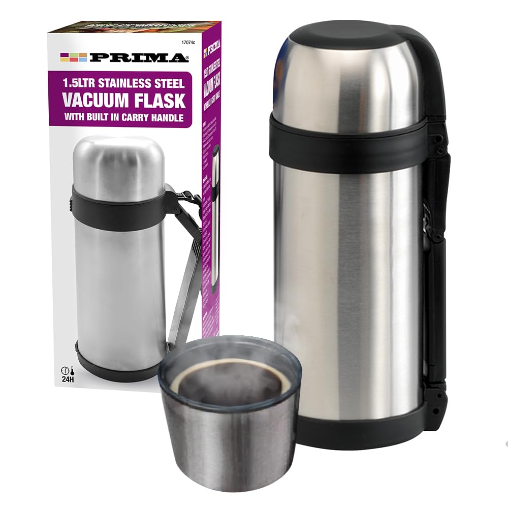 1.5L Stainless Steel Hot N Cold Vacuum Flask - Tea, Coffee, Warm Drink | 1.5 Litre | with Built in Carry Handle | Portable, Travel Cup with Lid | Multi Purpose