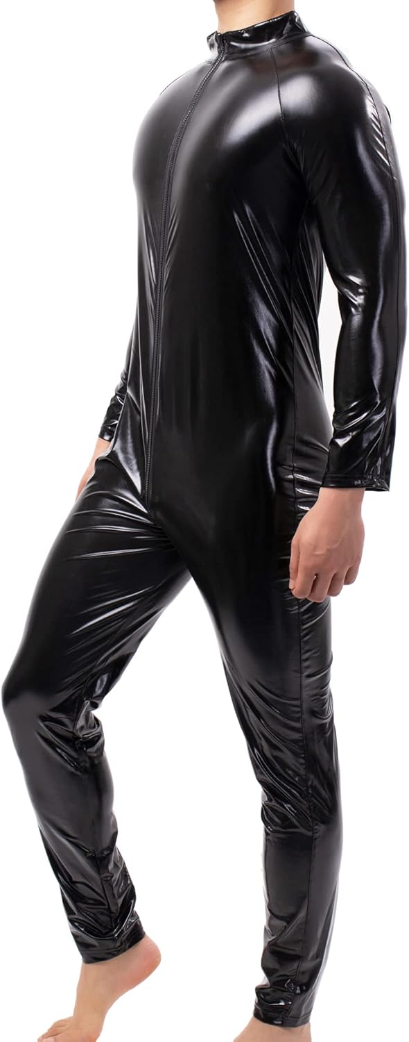 QiaTi Mens Latex Bodysuit Full Body Leotard Long Sleeves Unitard Faux Leather Bodysuit