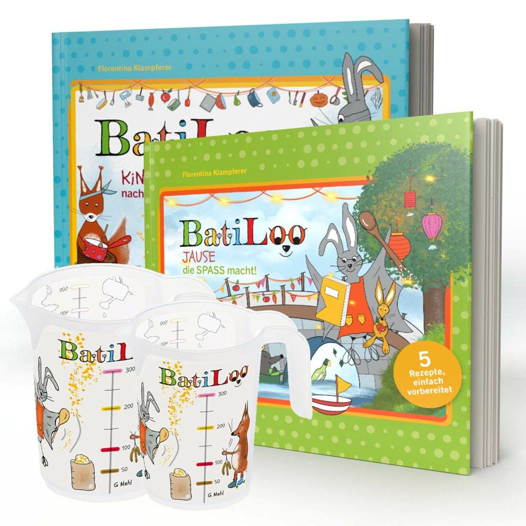 Geschwister Edition: Das BatiLoo Set für kleine Backmäuse! Kinderleicht backen lernen! Montessori inspiriert! Mit vielen Rezepten, bunten Illustrationen, Abenteuergeschichten & 2 Messbecher!