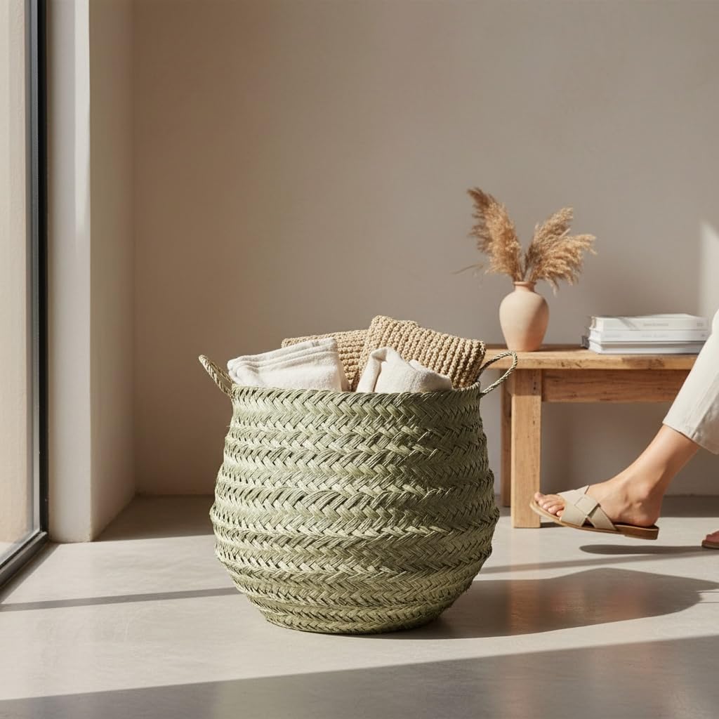 Cesta marroquí de paja trenzada de Esparto, redonda, plegable, 35 x 35 x 40 cm, estilo boho natural, con asas