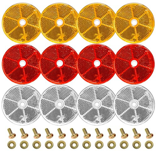 KOVSGQ catadioptre remorque réflecteur rond Catadioptre pour Vehicule 60mm Orange Rouge Blanc 12Stk pour Voitures Camions Caravanes Tracteurs Remorques Avec...
