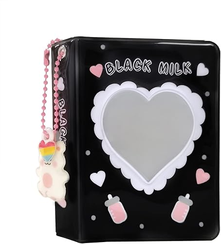 Mini álbum de fotos de 3 pulgadas carpeta hueca para tarjetas álbum de fotos con colgante de oso 40 bolsillos leche negra