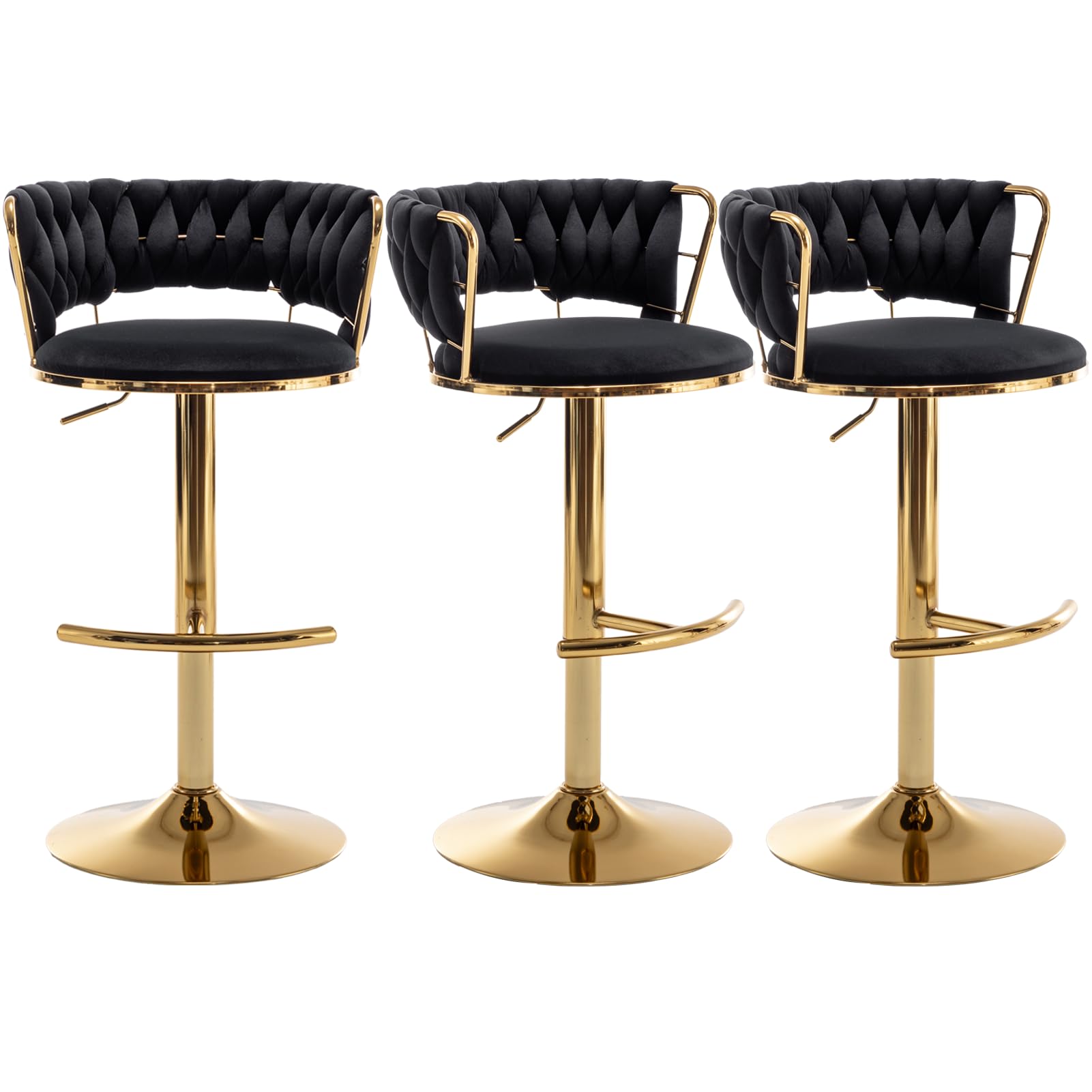 Canxkun Gold Bar Stools Set of 3, Counter Height Bar Chairs with Low Back, Velvet Adjustable Height Barstools, 360° Swivel Bar Stools for Kitchen