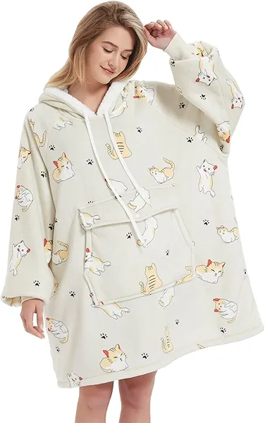 Qeils Wearable Blanket Hoodie for Women, Comfy Sherpa Sweatshirt Blanket as Birthday Christmas Gifts, Oversized Pullover Jacket Blanket Hoodie for Adult (Cat, Adult)