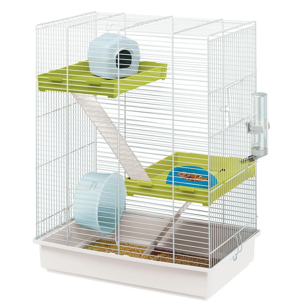 FERPLAST Gabbia Roditori HAMSTER TRIS per Criceti, in Metallo, Accessori inclusi: Mangiatoia, Beverino,Casetta, Ruota, Ripiani, Scalette. 46x29xh58cm