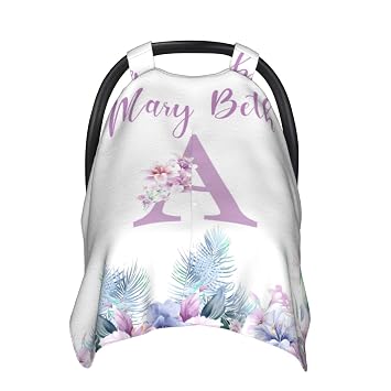 Personalized Baby Car Seat Canopy for Babies with Name, Custom Floral Purple Baby Car Seats Covers for Girls, Opening Minky Nursing Breastfeeding Cover for Infant, Carseat Canopies for Newborn