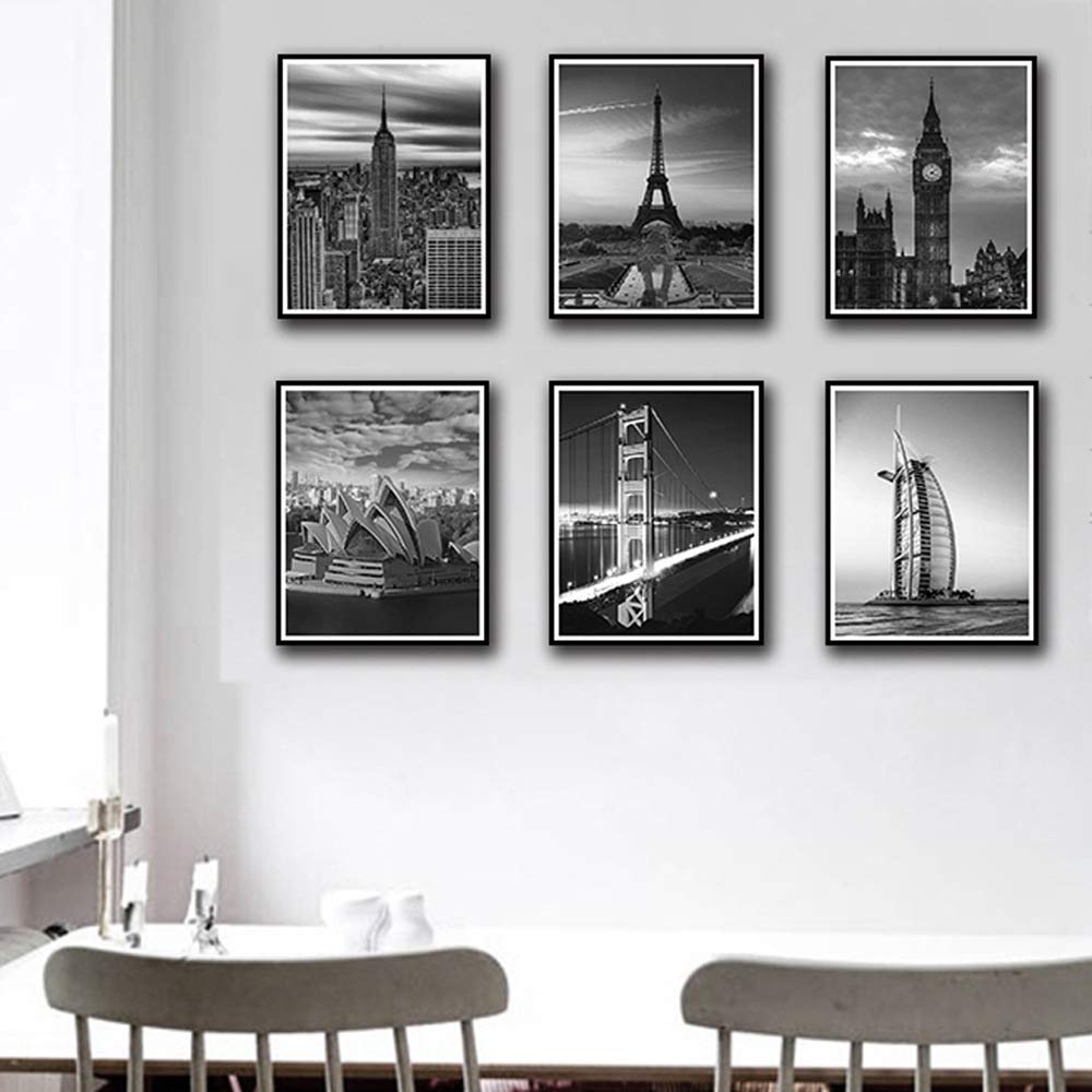 Black and White Paris London Architectures Modern Canvas Prints Europe Buildings Pictures Paintings on Canvas Wall Art for Bedroom Home Office Decorations,8x10 inch Sets 6pcs
